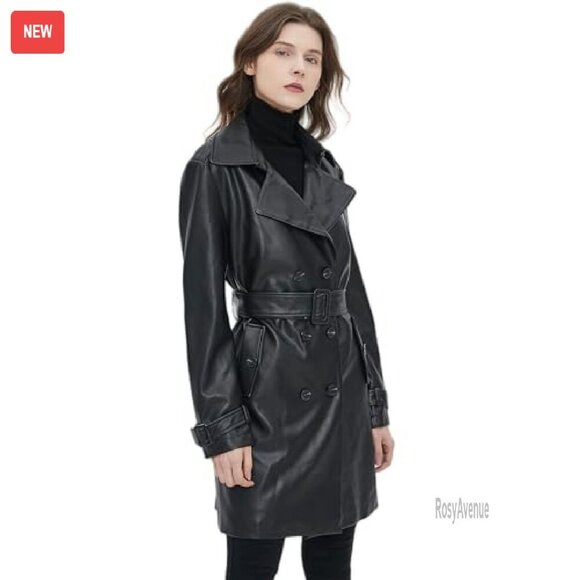 Waterproof PU Faux Leather Blazer Jacket, Double-Breasted Button Front - Picture 3 of 7